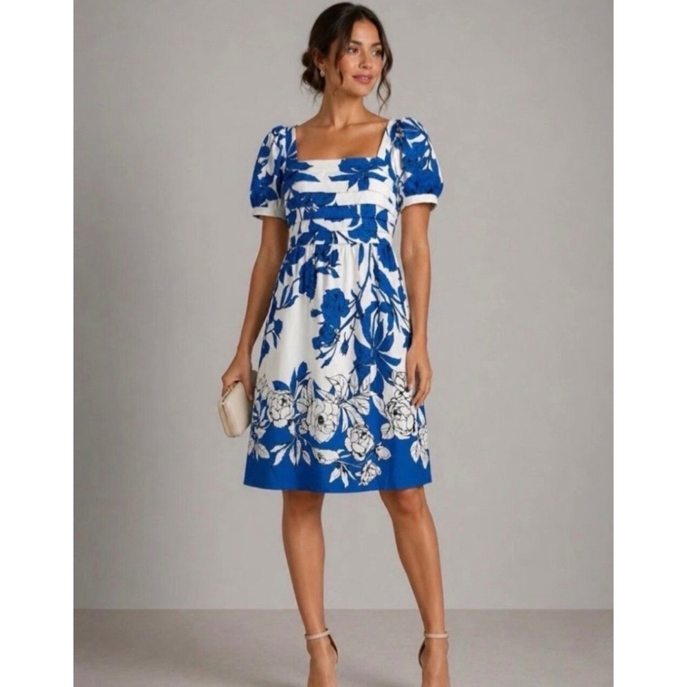 Adrianna Papell Floral Smocked Midi Dress Ivory Blue Wedding Guest Womens 16 New